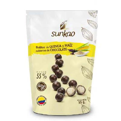 Ball of quinua and corn covered with 55% Cacao chocolate, Healthy snack 100% Ecuatorian 35g/120g